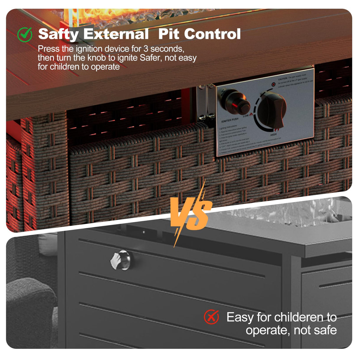 ABCASA 9-Piece Half Moon Patio Furniture Set with 44" Fire Pit Table, Curved Outdoor Sofa Set w/Thick Cushion & Wedge Side Table, Wicker Patio Sectional Conversation Sets for Porch,Backyard (Grey) ABCASA