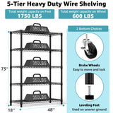 M MZG 5-Shelf Storage Shelves,Wire Shelving Heavy Duty Metal Storage Shelving Unit Adjustable Garage Shelving Rack Pantry Kitchen (Black, 5 Tier,17.7" D x 47.2" W x 76.7" H) M MZG
