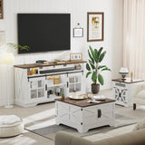 HAIOOU 63" Farmhouse TV Stand with LED Light & Power Outlets for TVs up to 70 Inches, 31.5" High Tallboy TV Console Stand Entertainment Center with Cross Design Sliding Barn Doors - White HAIOOU