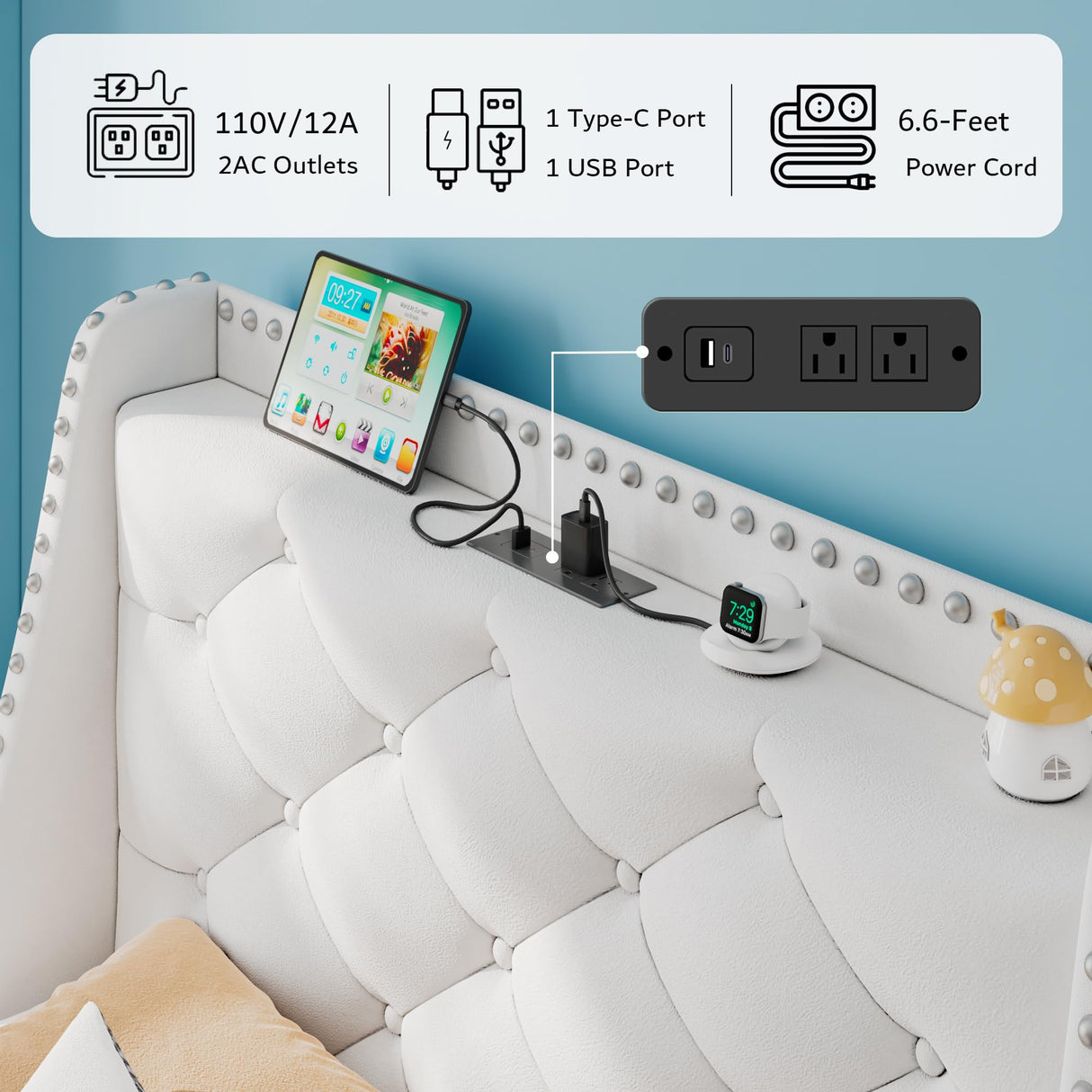 iPormis Velvet Twin Bed Frame with 16" Comfort Wingback & Charging Station, Upholstered Platform Bed with Button Tufted Storage Headboard, Solid Wood Slats Support, No Box Spring Needed, White iPormis