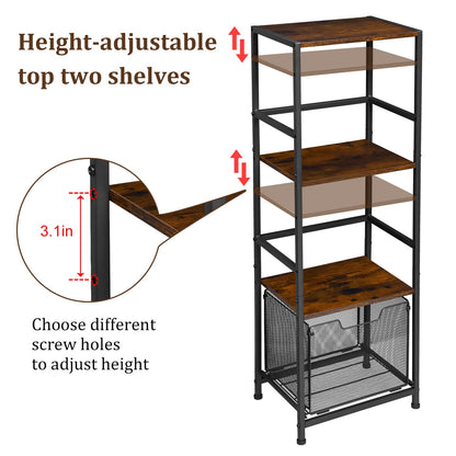 4-Tier Bathroom Storage Shelves, Retro Shelving Unit and Storage Bathroom Rack, Iron Wood Combination Heavy Duty Bathroom Stand with Drawer, Freestanding Tall Shelf for Bathroom, Kitchen, Laundry