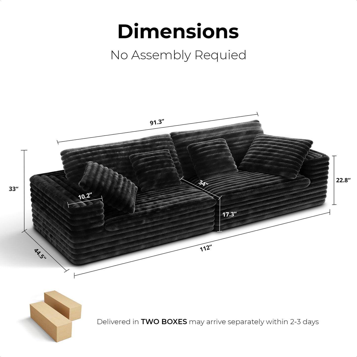 LIKIMIO 112" Modern Modular Sectional Sofa Couch for Living Room, Oversized Love Seat Couches with Comfy Cushions, 34" Extra Deep Seat, No Assembly, Plush Corduroy, Black