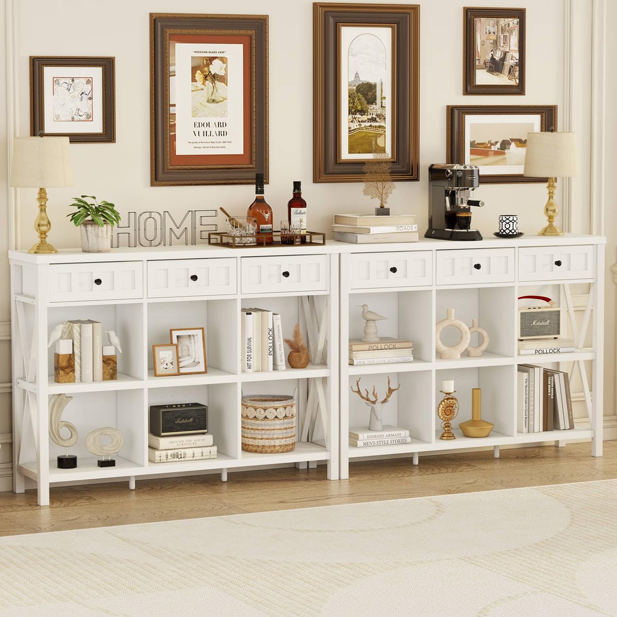 FATORRI 6 Cube Storage Bookshelf with 3 Drawers, Long Horizontal Bookcase, Modern Cubby Organizer Shelf (White Oak, 47 Inch) FATORRI