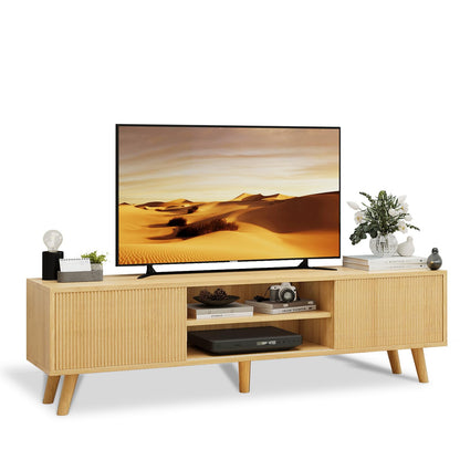 Buenhomino TV Stand for TVs Up to 75 Inches, Boho Entertainment Center Wood TV Stand with Fluted Sliding Doors & Shelves, TV Console Table Media Cabinet with Storage for Living Room Bedroom, Natural