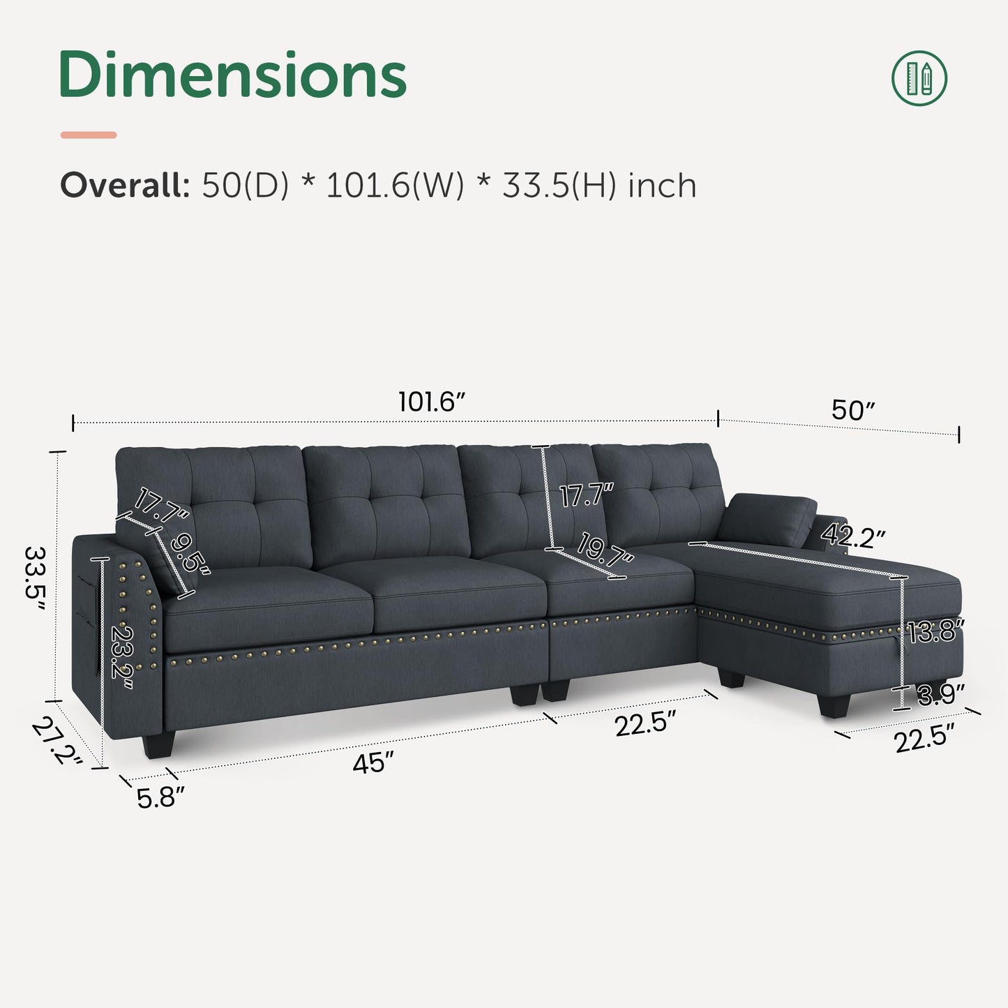 HONBAY Convertible Sectional Sofa L Shaped Couch Reversible Sectional for Small Apartment, Bluish Grey