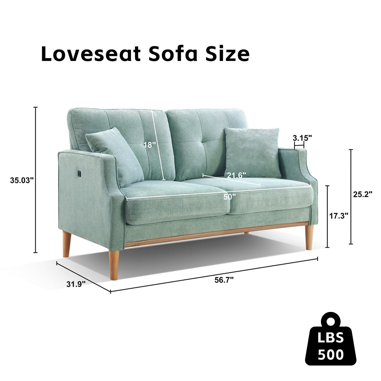 SoarTalent 56.7" Loveseat Sofa Small Couch Fabric Upholstered 2-Seat Sofa with USB Port for Small Place, Apartment, Living Room,Office(Mint Green) SoarTalent