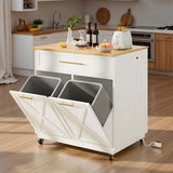 DWVO Kitchen Island with Power Outlet, 40 inch Rolling Island Table with Trash Can Cabinet fits Double 10-Gallon Bin, Square Mobile Storage Islands with Tilt Out Garbage Bin Cabinet, White Oak DWVO