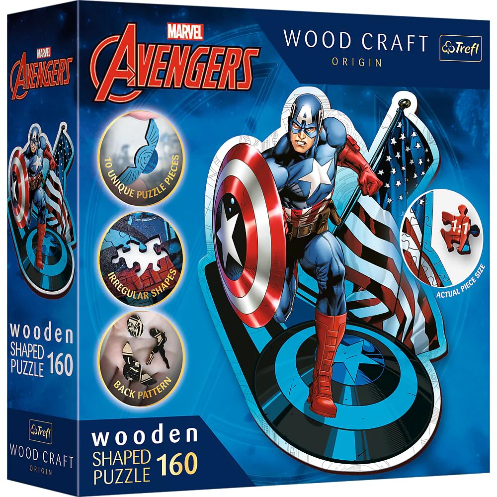 Trefl Marvel Wood Craft 160 Piece Jigsaw Puzzle Fearless Captain America Irregular Shapes, 10 Special Puzzles, Modern Premium Puzzle, for Adults and Children from 12 Years Old Trefl