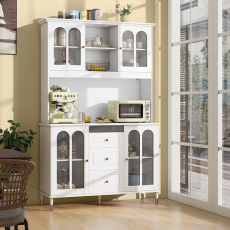 LOKO 73'' Kitchen Pantry Storage Cabinet, Freestanding Buffet Cabinet with LED Lights & Power Outlets, Kitchen Hutch with Microwave Stand, Adjustable Shelves, Doors and Drawers, for Dining Room, White LOKO
