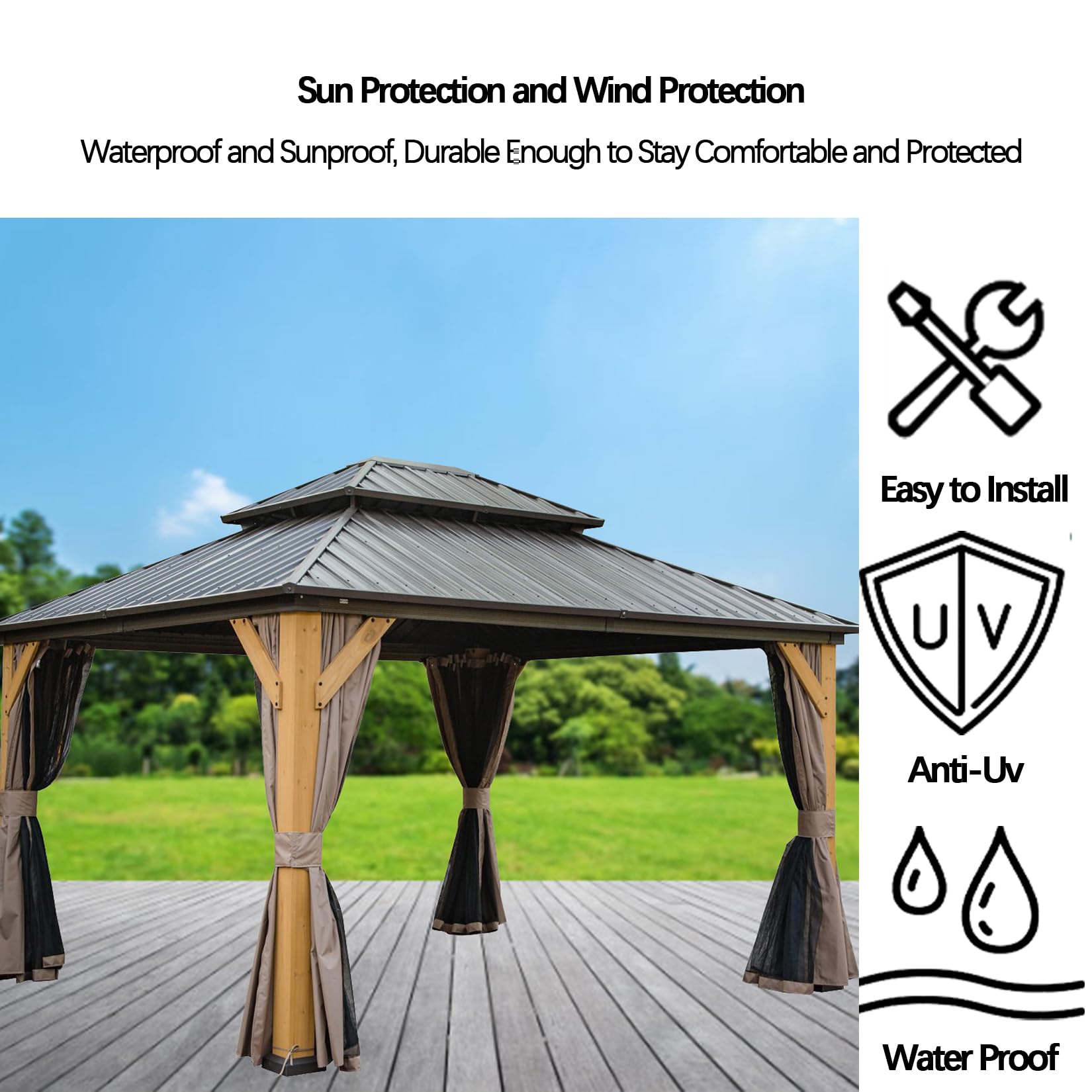 12x14ft Hardtop Gazebo Cedar Wood Frame, Outdoor Gazebo with Galvanized Steel Double Roof, Grill Gazebo Suitable for Patios, Backyards and Lawns - WoodArtSupply