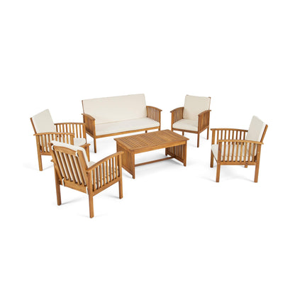 GDFStudio Outdoor 6-Seater Acacia Wood Chat Set, Brown Patina Finish and Cream - WoodArtSupply