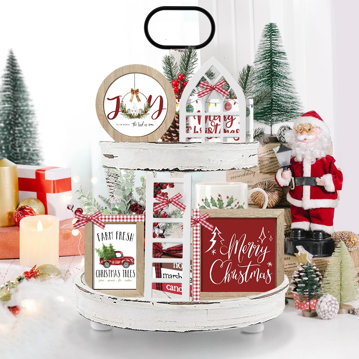 Farmhouse Christmas Tiered Tray Decor Set Year Round Seasonal Interchangeable Holiday Rustic Wooden Frames with Cards Ladder for Home Kitchen Table Decorations Centerpiece CRCZK