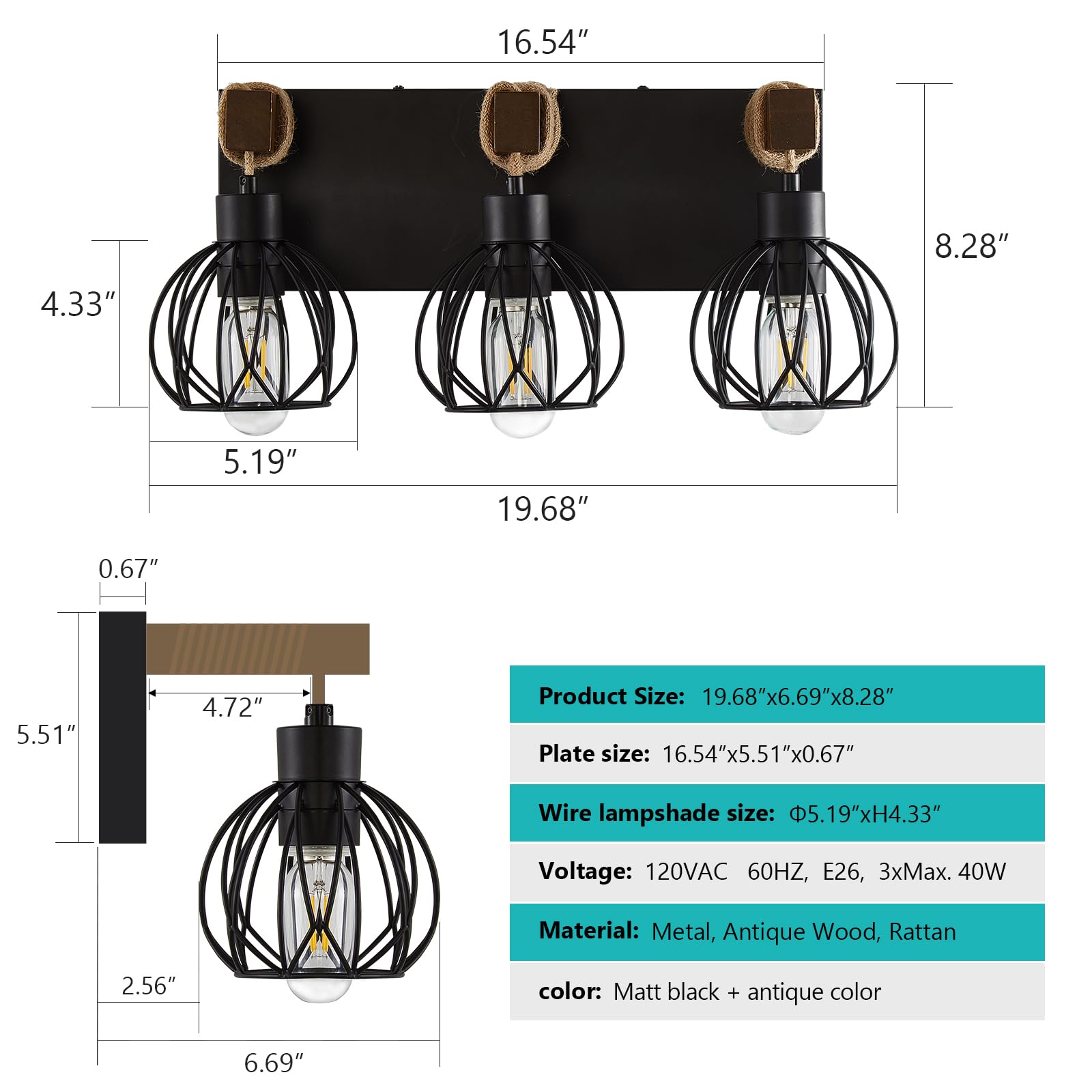 Farmhouse Bathroom Light fixtures, 3 Light Wood Bathroom Lights Over Mirror, Rustic Rattan Black Vanity Light with Globe Metal lampshade, Sconces Wall Lighting for Bathroom, Living Bedroom Ha - WoodArtSupply