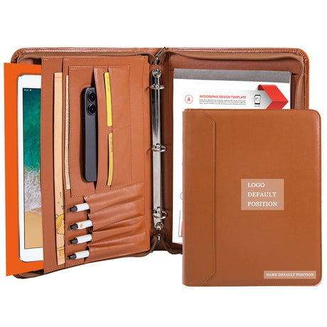 Free Engraved Name, Personalized Portfolio Binder Organizer, PU Leather Custom 3 Ring Binder Padfolio, Zipper Binder Business Document Ordner with A4 Writing Pad, Corporate Gift, Customized, Brown AZXCG