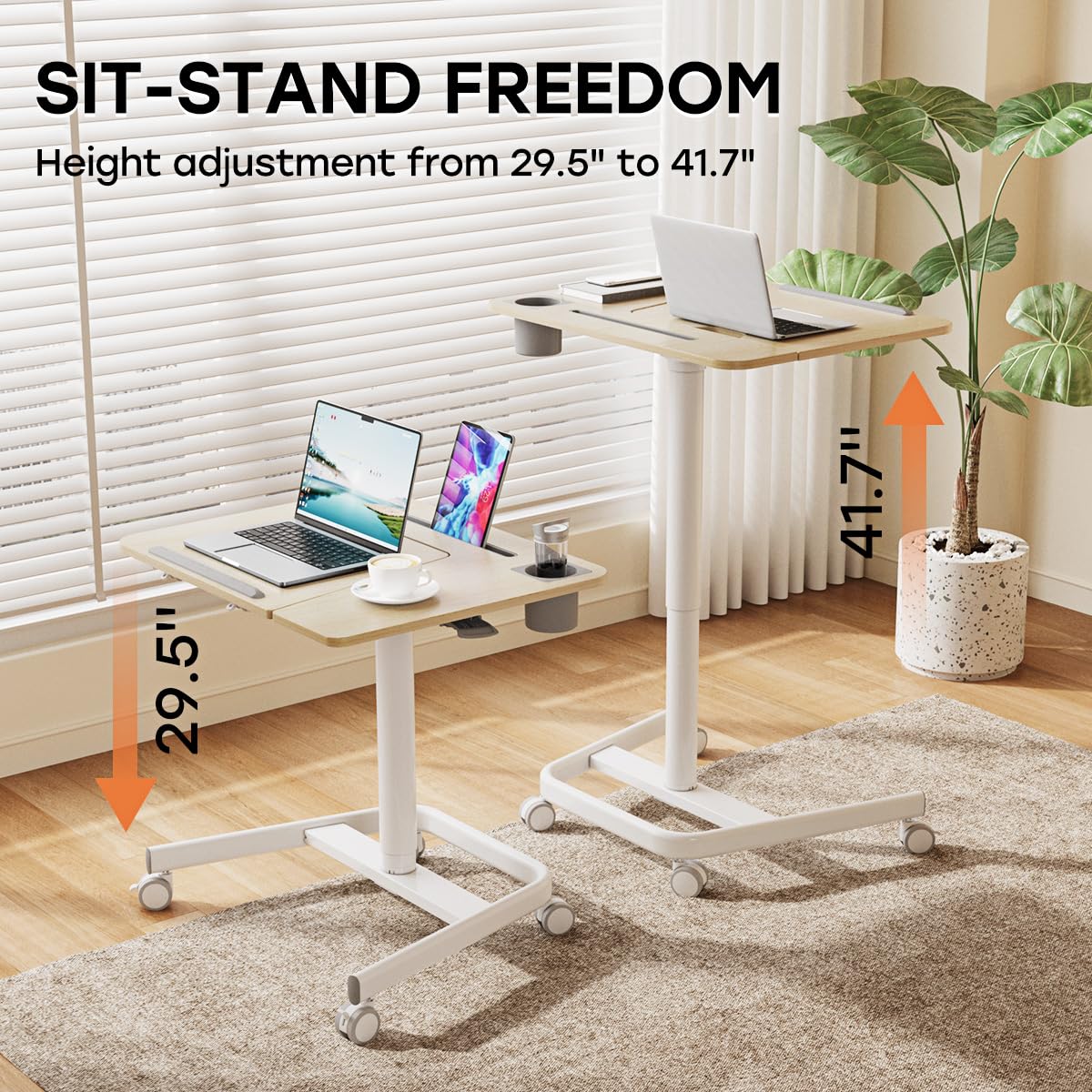 JOY worker Mobile Standing Desk, Pneumatic Height Adjustable Table, 60° Tiltable Rolling Laptop Desk, Portable Sit Stand Desk with Wheels Cup Holder JOY worker
