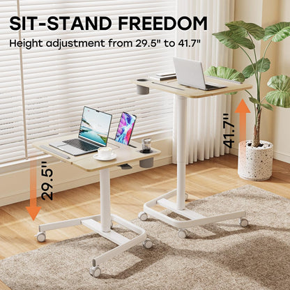 JOY worker Mobile Standing Desk, Pneumatic Height Adjustable Table, 60° Tiltable Rolling Laptop Desk, Portable Sit Stand Desk with Wheels Cup Holder - WoodArtSupply