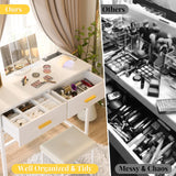 Girapow Vanity Desk with Power Outlets and Lights, 36'' Makeup Vanity with Tri Fold Lighted Mirror, White Vanity Set with Drawers, Vanity Table with Cushion Stool, Small Makeup Table for Bedroom,White Girapow