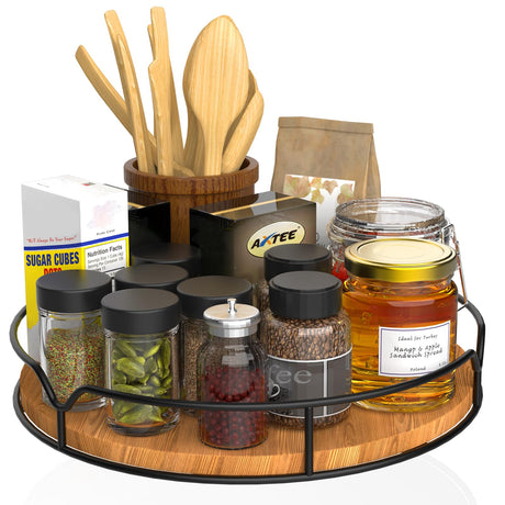 Lazy Susan Turntable Organizer for Cabinet Pantry Kitchen Countertop Refrigerator Cupboard, Pine Wood, 9", Carbonized Black AXTEE