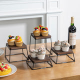 MyGift 6 Inch Square Burnt Brown Solid Wood and Matte Black Metal Wire Cupcake Dessert Risers, Tabletop Pizza Food Serving Stands for Home Retail Event, 4 Piece Set MyGift