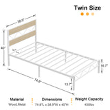 VECELO Twin Size Bed Frame with Headboard, Heavy-Duty Platform Bedframe with Metal Slats Support, No Box Spring Needed, Easy Assembly, White & Natural VECELO