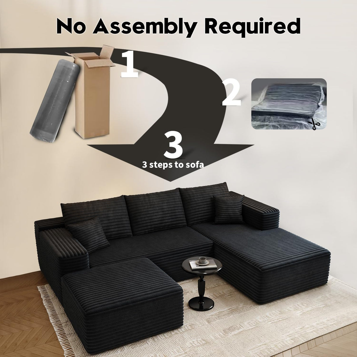 107.5" Cloud Modular Sectional Sofa with 1 Ottoman,Modern Minimalist Upholstered Couches, Comfort U Shaped Sofa for Living Room,Deep Seat Corner Couch，No Assembly Required (Black,Right Facing Chaise) Settab