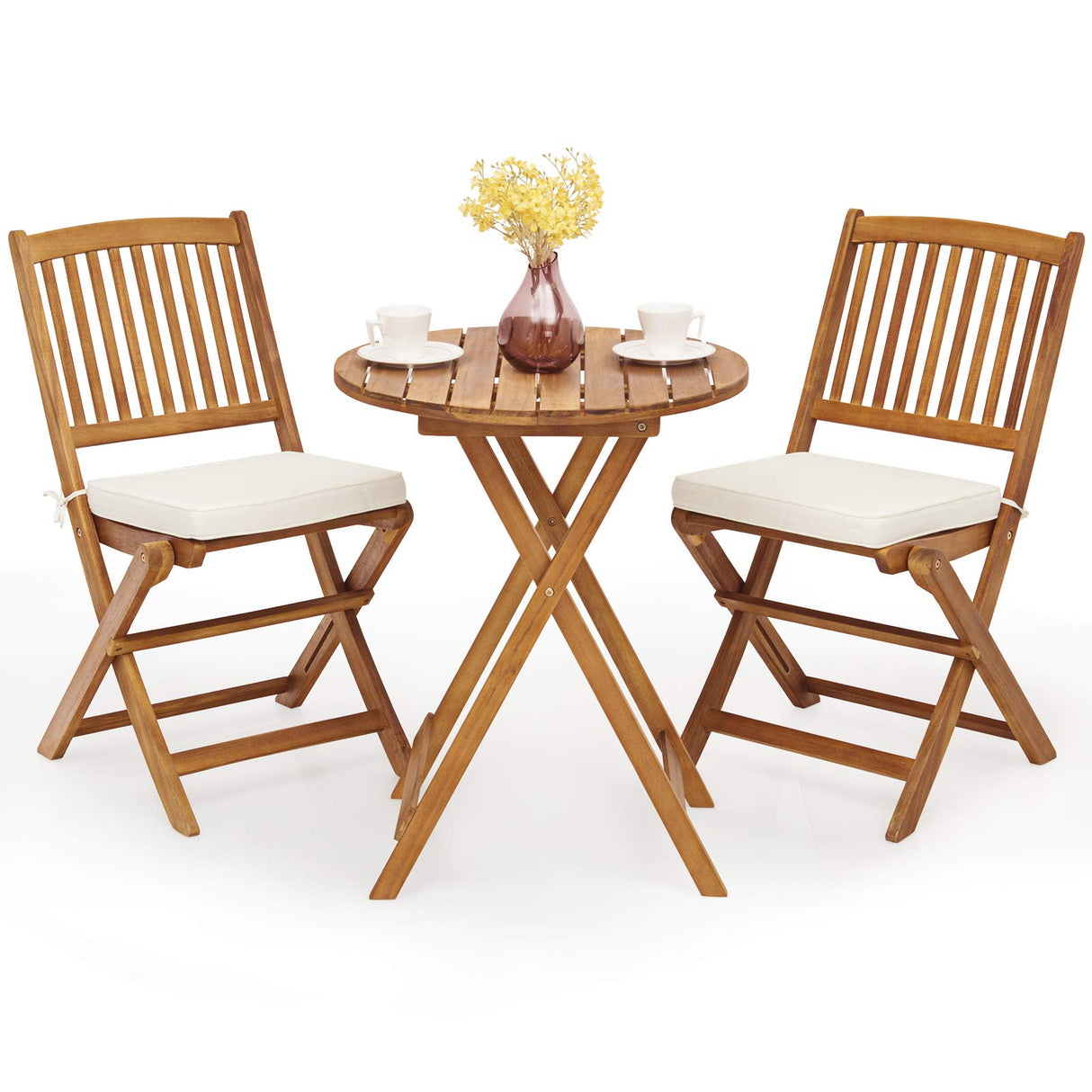 Giantex 3Pcs Patio Bistro Set, Wood Folding Table Set, 2 Cushioned Chairs for Garden Yard, Outdoor Furniture Round Table (Natural & Beige) Giantex