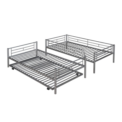 Metal Bunk Bed with Trundle Twin Over Twin Bunk Bed Frame with Ladder and Safety Rails for Kids Triple Metal Bunk Can be Divided into Two beds, Silver