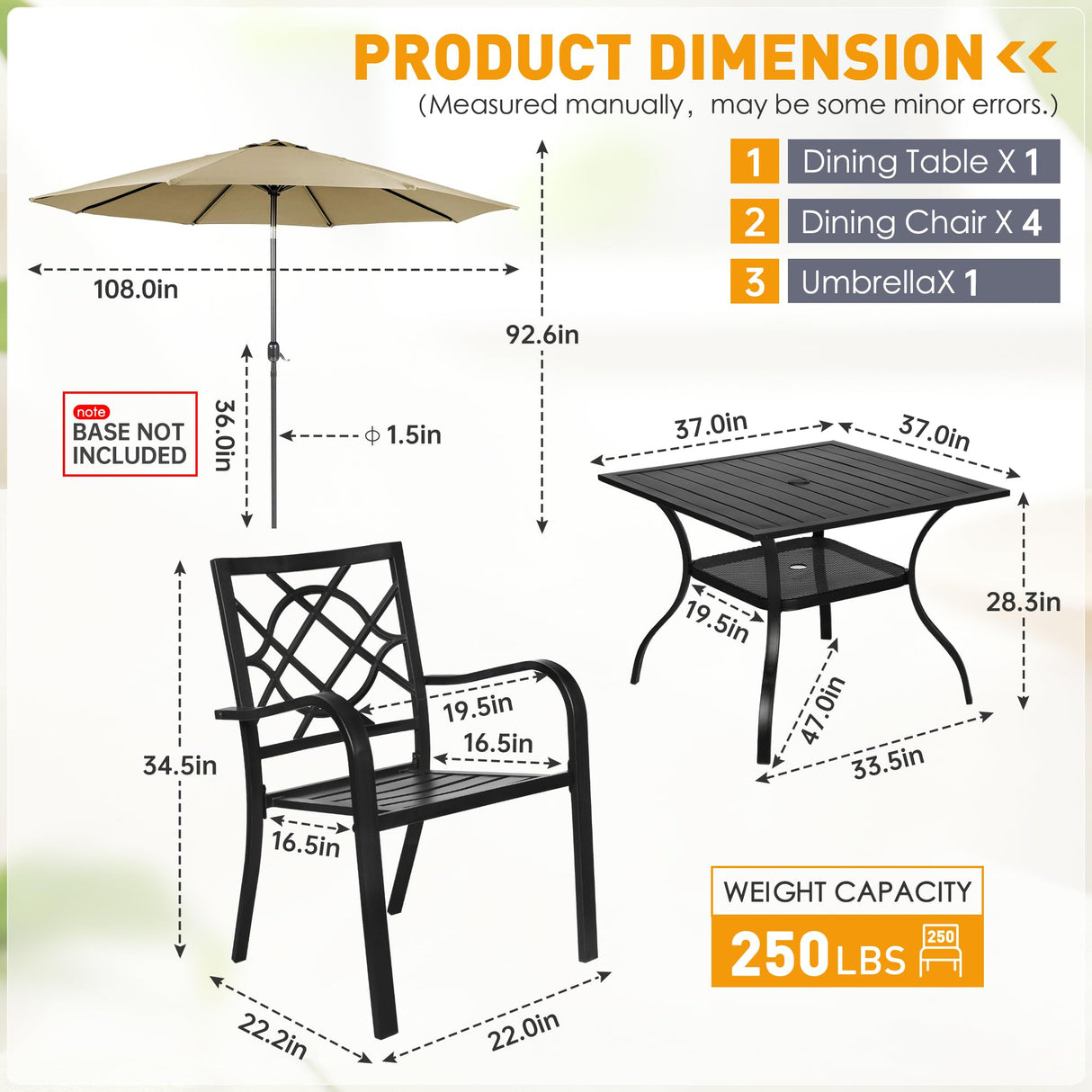 SUNCROWN 5-Piece Outdoor Wrought Iron Chairs and Table Patio Dining Furniture Set - 4 Stackable Metal Chairs, 1 Steel Slat Bistro Table and 1 Brown 9Ft Patio Umbrella for Garden Backyard Deck SUNCROWN