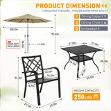 SUNCROWN 5-Piece Outdoor Wrought Iron Chairs and Table Patio Dining Furniture Set - 4 Stackable Metal Chairs, 1 Steel Slat Bistro Table and 1 Brown 9Ft Patio Umbrella for Garden Backyard Deck SUNCROWN