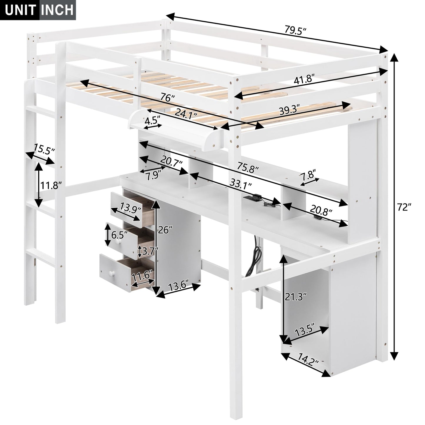 CITYLIGHT Multifunctional Twin Loft Bed with Desk, Storage and Charging Station in White - WoodArtSupply