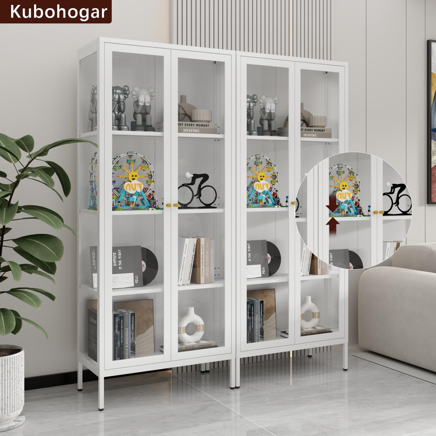 Kubohogar Display Cabinet with Glass Doors, 66" Curio Cabinet with 3 Ajustable Shelves, 4 Tier Display Case for Collectibles, Bookcase with Doors for Office Living Room