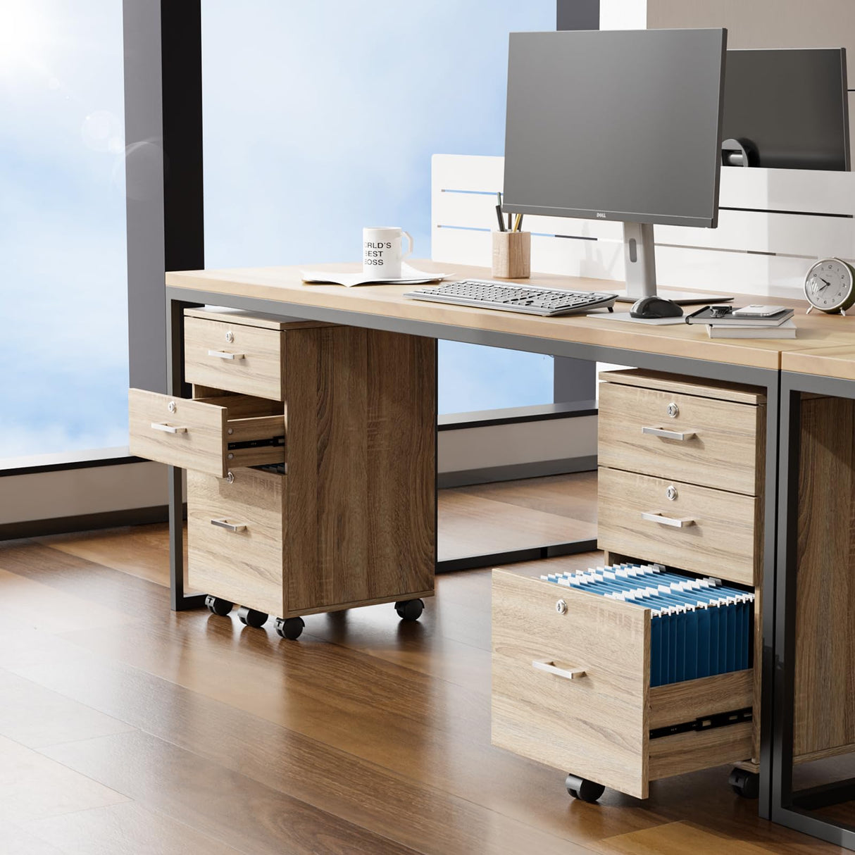 VINGLI 3-Drawer File Cabinet with Lock, Wood Rolling File Cabinet Under Desk File Cabinets for Home Office, Mobile Printer Stand & File Cabinet for Letter Sized Files, 26" H(Caster Included), Oak VINGLI