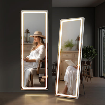 Mirror Full Length with LED Lights, 21"x64" Body Wall Mirrors, Floor Standing, Hanging or Leaning, Large Tall Mirror with Stand Aluminum Alloy Frame, Dimmable 3-Color Lighting for Bedroom Cloakroom