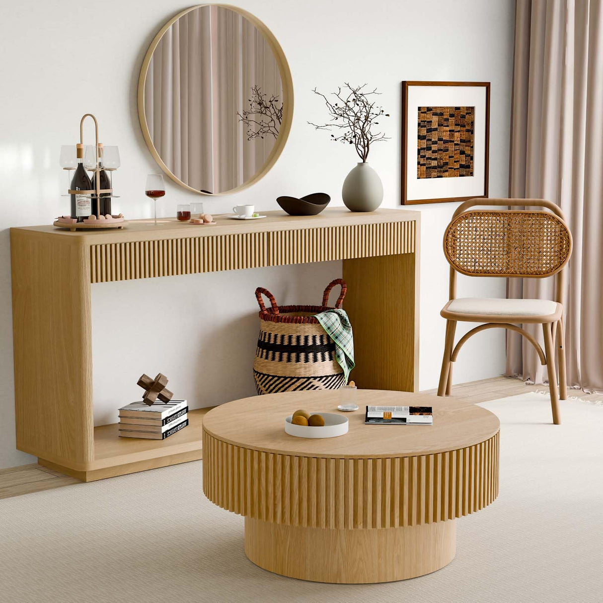 Round Coffee Table with Storage, Modern Wooden Coffee Table with Solid Wood Veneered, Circle Center Table Accent Tea Table for Living Room Apartment Small Space (31.5''L × 31.5''W × 14''H, Natural) FGXJY