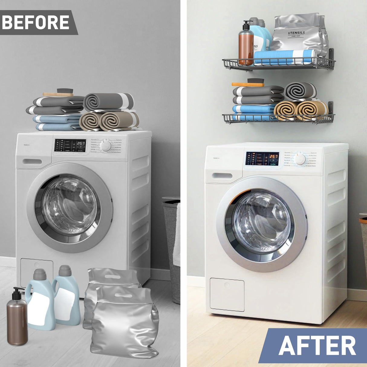 WALMANN Garage 12x18 inch Wall Shelf, Wall-Mounted Storage Shelves for Garage, Closet, Laundry Room, Heavy Duty Wall Shelving, Holds Up to 60 lbs(Pack of 2, Black) WALMANN