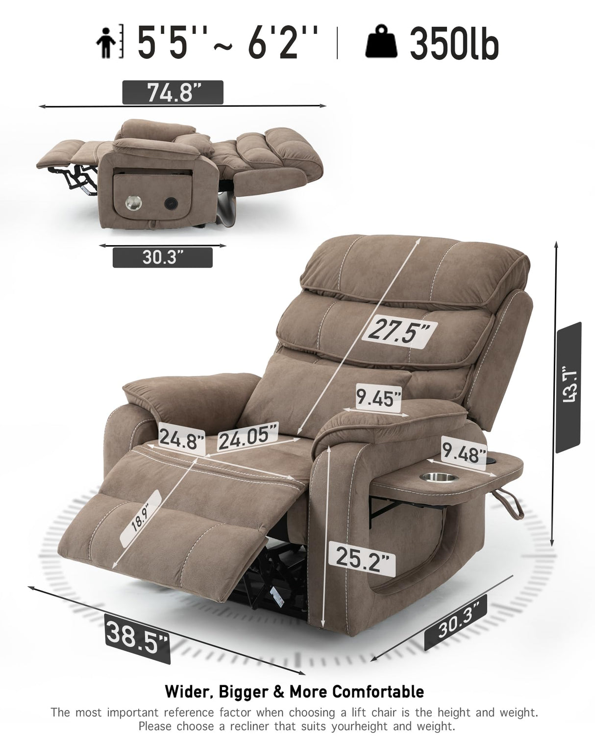 Power Lift Lazy Boy Recliner Chair, 2 Motor Flat Recliner, Nursing Lift Chair with Massage and Lumbar Heating, Adult Power Recliner with Side Pockets, Folding Table, Remote Control HBUI