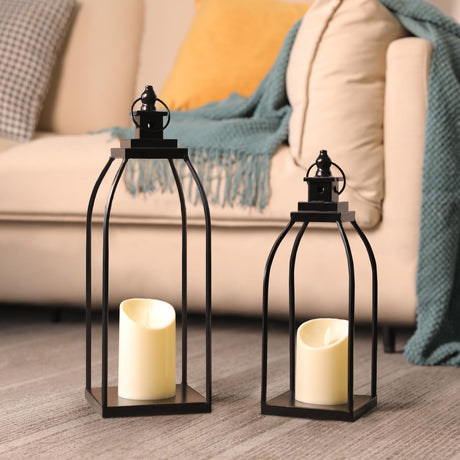 DARJEN Modern Farmhouse Lantern Decor Outdoor & Indoor- 17'' 14'' Black Metal Candle Lanterns for Christmas, Lanterns Decorative with 2 Flameless Candles for Porch,Patio,Home,Fireplace Mantle Decor DARJEN