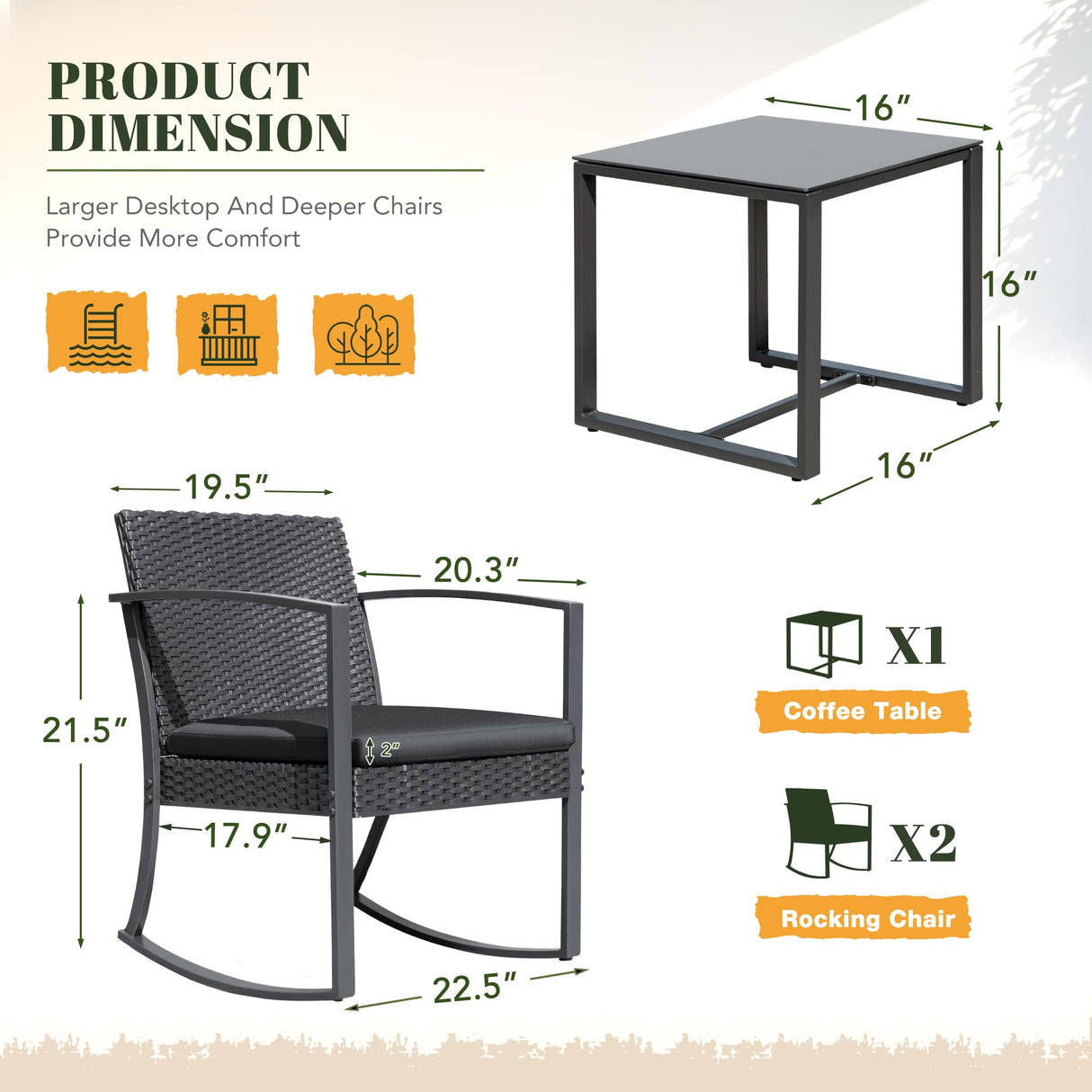 Devoko PP Patio Furniture Set 3 Piece All Weather Outdoor Rocking Chairs with Cushions and Coffee Table for Bistro Balcony Porch (Black) Devoko