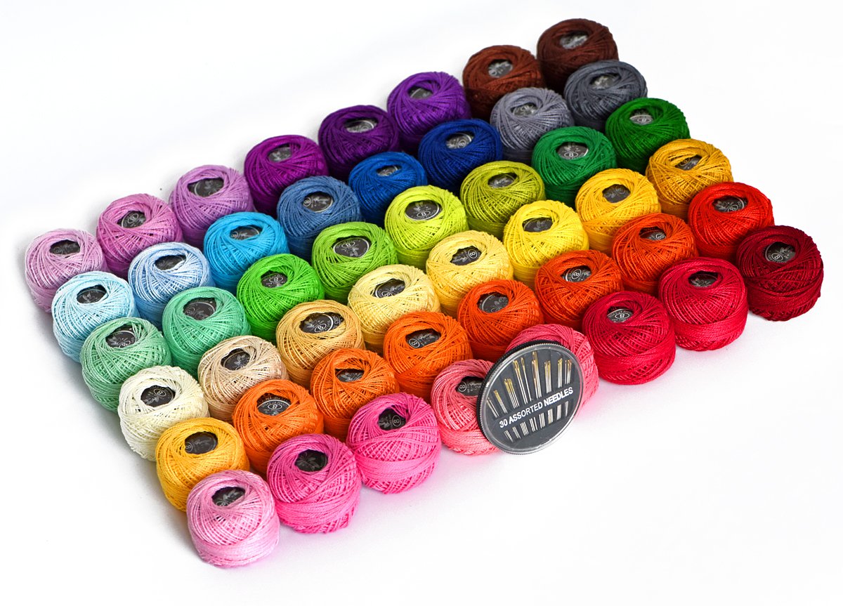LE PAON 48 Crochet Thread Set Balls 100% Long-Staple Cotton Rainbow Colors of Size 8 Threadand Free 30 Golden Needles 48 Balls for Crochet Hardanger Cross Stitch Needlepoint Hand Embroidery LE PAON