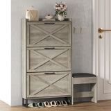 Maupvit Shoe Storage Cabinet with 3 Flip Drawers, Farmhouse Freestanding Organizer with Bench and Seat Cushion, Narrow Slim Shoe Rack Cabinet with Metal Legs for Entryway,Grey Maupvit