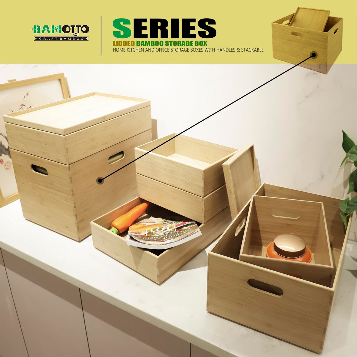 BAMOTTO Lidded Bamboo Storage Bins & Box/Cube/Basket, Home Kitchen and Office Storage Boxes with Handles & Stackable for Organizer Tableware, Crafts, Office Shelf Books, Large, 14.6”x10.2”x9.6” BAMOTTO CRAFTBAMBOO