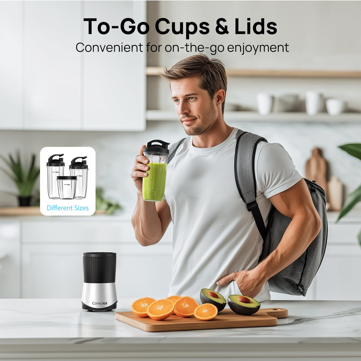 Consciot CB08 11-Piece Blender for Kitchen and Personal Size, Blend Shakes and Smoothies, Frozen Drinks, Baby Food, Spreads & More, 3 Portable To-Go Cups & 2 Spout Lids & 1 Solid Lid, 900 Peak Watts Consciot