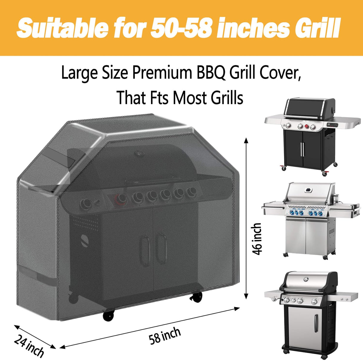 Grill Cover, 58 inch Waterproof BBQ Gas Grill Cover, Outdoor Barbecue Grill Cover with Hook and Loop for Char-Broil Nexgrill Weber and More Grills MENKOW