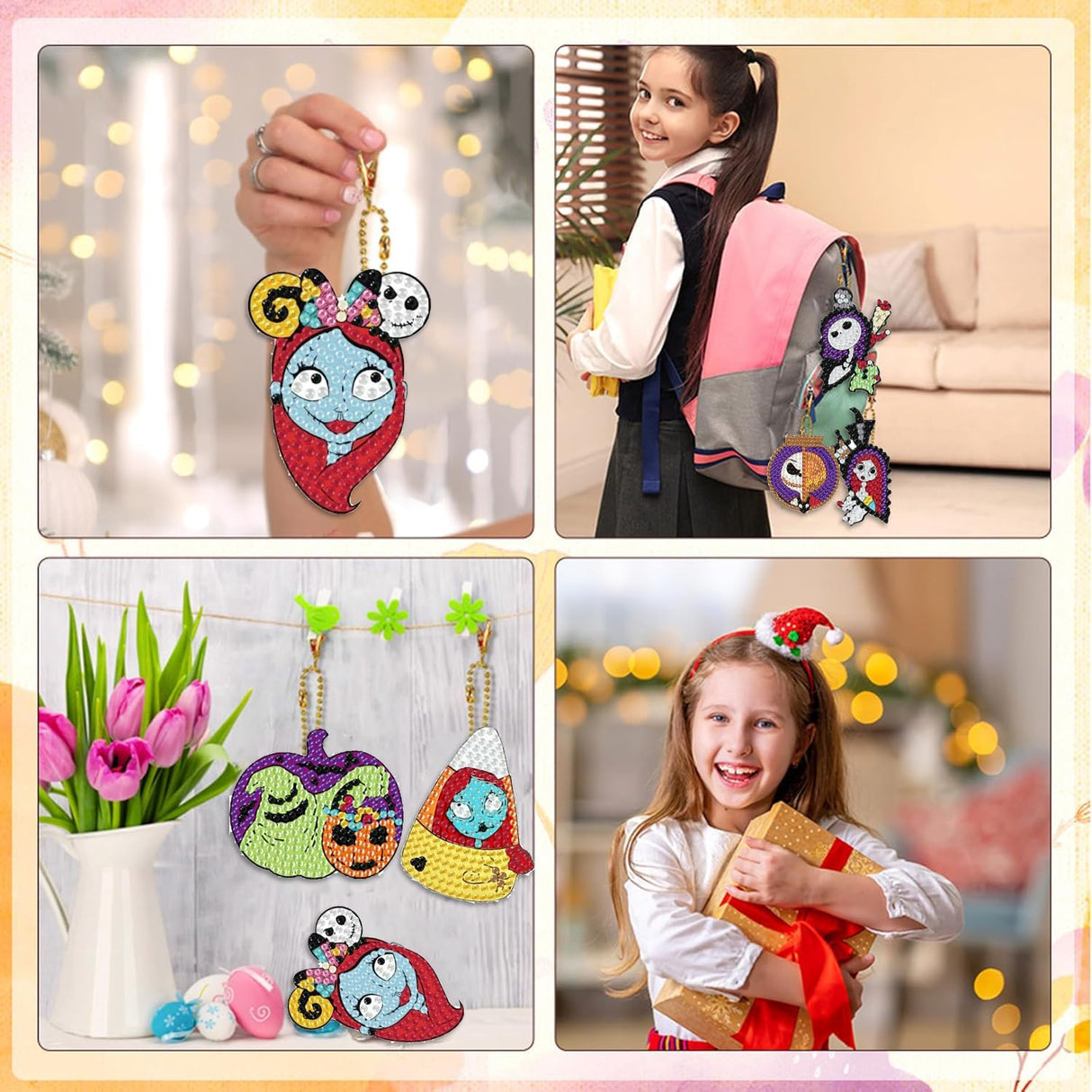 8Pcs Halloween Diamond Art Kits Keychains, DIY 5D Full Drill Special Shape Rhinestone Painting Kit for Beginners Adults, Horror Diamond Dots Art Key Chain Gems Art Craft Amshem