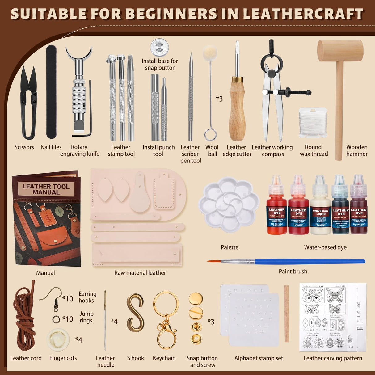 Leather Crafting Kit: Leather Working Tools and Supplies for DIY Craft Beginners Stamping Dyeing Carving Sewing Edge Sealing with Video Tutorials for Earrings Wallet Keychain Wristband Bookmark CBHGFEA