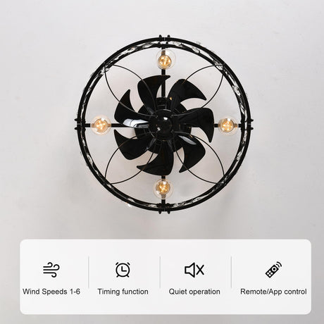 Garwarm 20in Caged Ceiling Fan with Light,Rustic Industrial Ceiling Fans with Lights and Remote,Bladeless Black Fandelier Ceiling Fan,Flush Mount Fan Lights for Kitchen,Bedroom（6 Speed,Timing） Garwarm