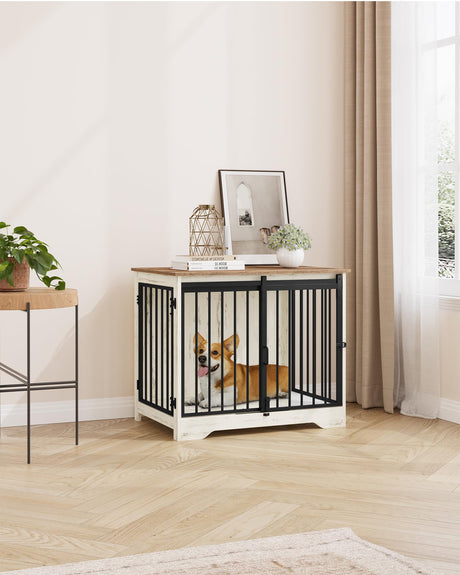 Hzuaneri Dog Crate Furniture, 32" Double Door Dog Crate with Barn Door, Dog Kennel Indoor, End Side Table Wooden Dog Crate for Small Medium Large Dog, Anti-Chew Anti-Escape, White Brown Hzuaneri