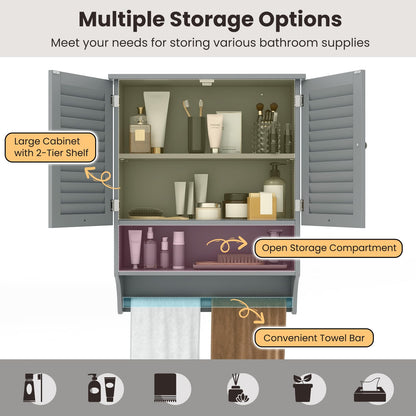 Tangkula Wall Mounted Bathroom Cabinet with Open Shelf & Bar, Medicine Cabinet with Double Louvered Doors, Wall Storage Cabinet with Adjustable Shelf, for Bathroom Living Room Kitchen (Grey) - WoodArtSupply