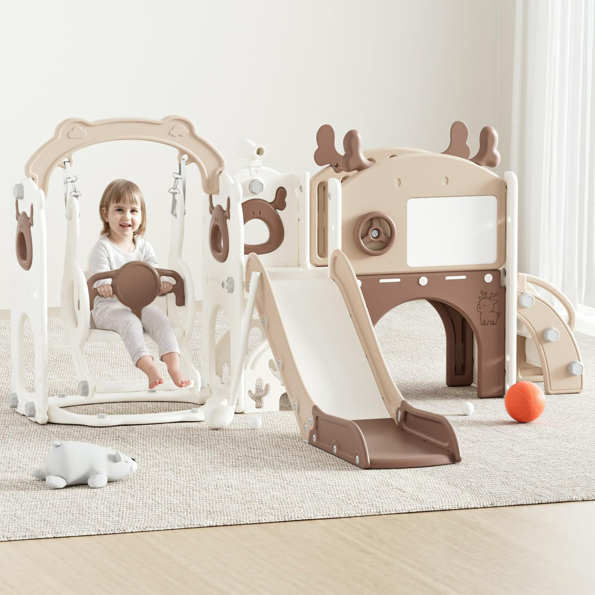 Mloong 12 in 1 Toddler Slide and Swing Set, Kids Slide for Toddlers 1-3 Years Old Baby, Indoor Outdoor with Basketball Hoop Drawing Golf for Kids Easy Assembly(Beige & Rosy Brown)(82×67×41in) mloong