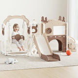 Mloong 12 in 1 Toddler Slide and Swing Set, Kids Slide for Toddlers 1-3 Years Old Baby, Indoor Outdoor with Basketball Hoop Drawing Golf for Kids Easy Assembly(Beige & Rosy Brown)(82×67×41in) mloong